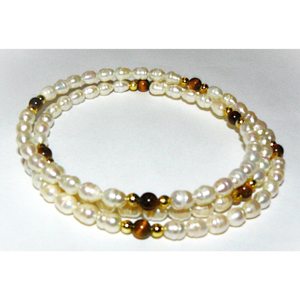 2 Freshwater Pearl Coil Wrap Bracelets Gold-Tone Red & Tiger Eye Beads - Picture 7 of 11